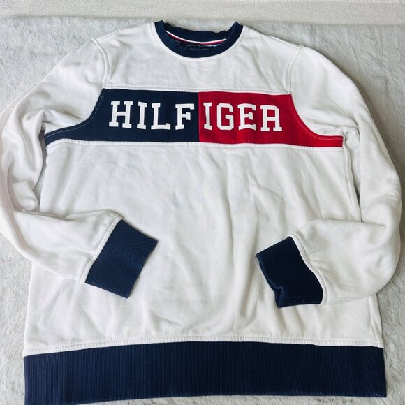 Tommy Hilfiger Colorblock Sweatshirt XS Cotton/Polyester White Red Navy - Picture 1 of 8
